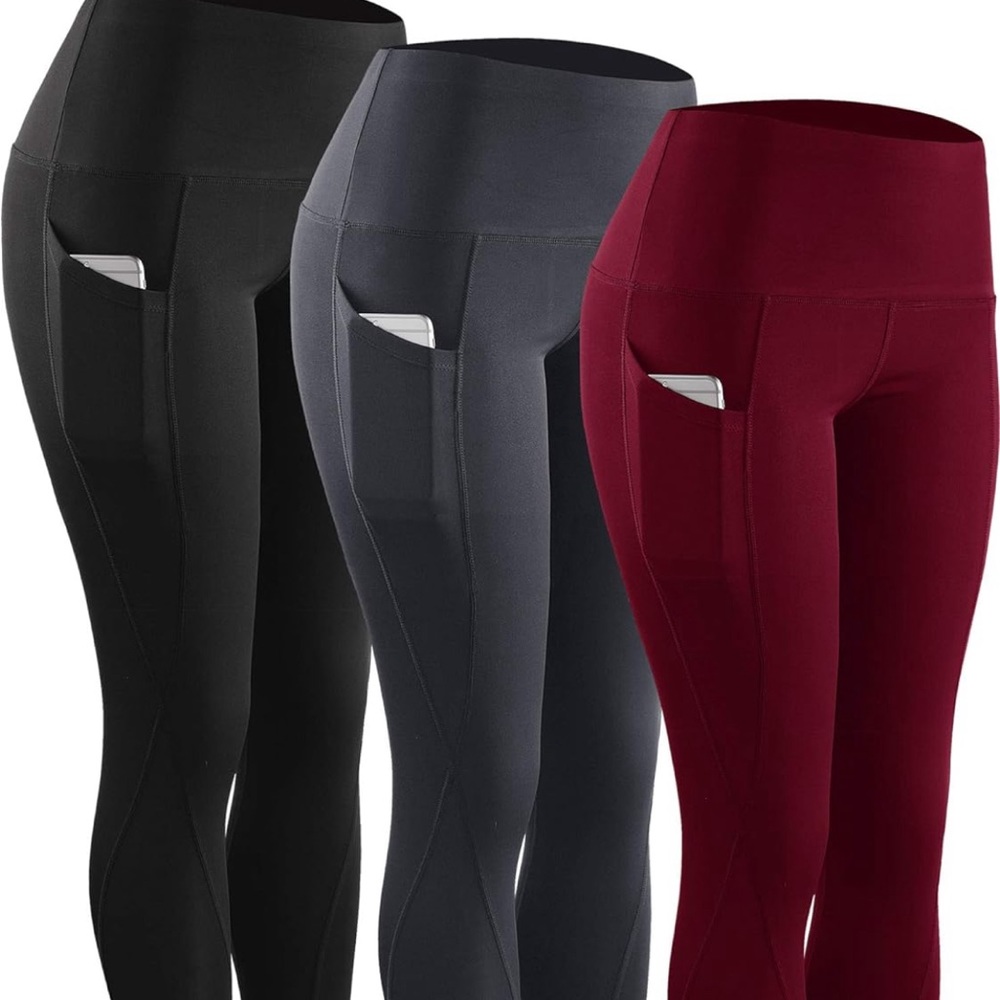 Neleus high waisted yoga pants 3 pair bundle pack red/black/grey size small
